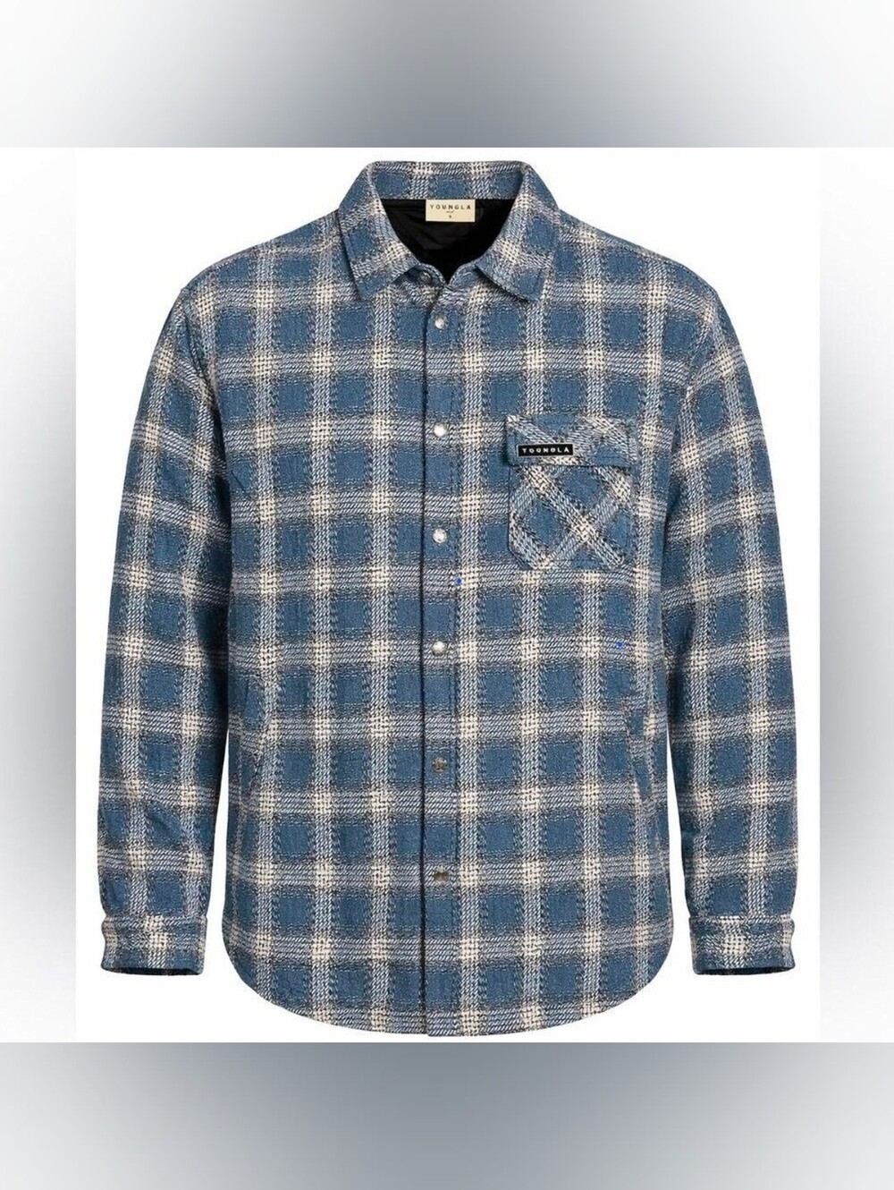 YoungLA Plaid Quilt Jacket Men's Medium Plaid Flannel Jacket Blue Snap Buttons
